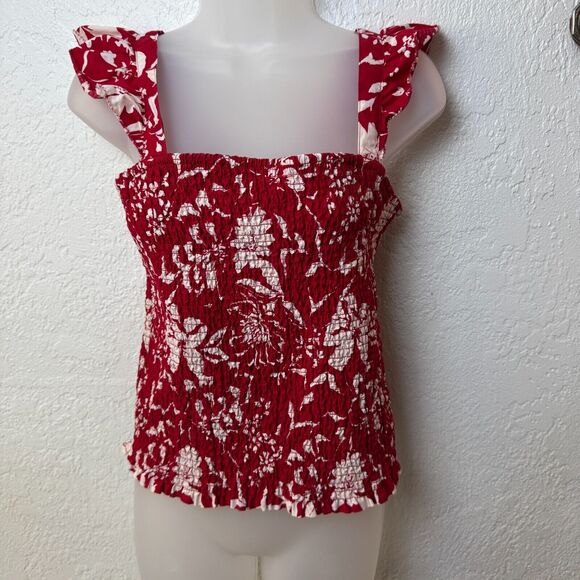 Old Navy Tops - Old Navy Red Floral Fully Smocked Ruffle Strap Top Size L Boho‎ Milkmaid Prairie